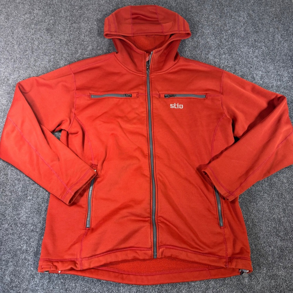 Stio Mens Polartec Wind Pro Fleece Hoodie Orange Full Zip Technical Jacket L